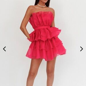 Selfie Leslie Strapless Ruffle Mini Dress in Hot Pink